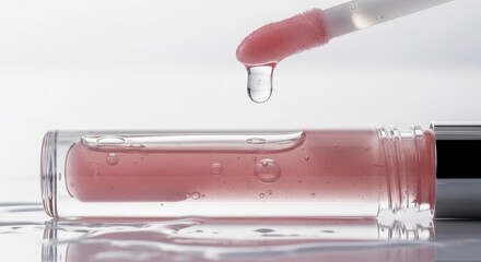 A close-up of a lip oil bottle with a dropper. The oil is a soft pink color, showcasing a glossy finish. The background is clean and minimalistic, emphasizing the product.