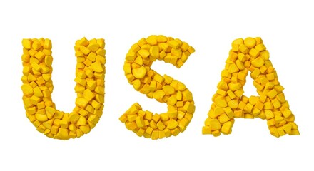 USA in Yellow Cubes - The letters USA formed from small, yellow, cube-shaped objects against a white background