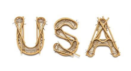 USA Lacrosse Sticks Art - The letters USA formed using old lacrosse sticks on a white background. Patriotic sports theme