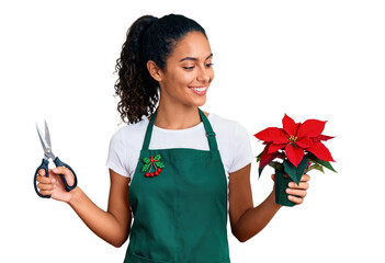 Florist Holding Poinsettia and Scissors on White Background