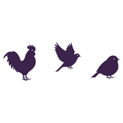 Creative design vector art of three dark purple bird silhouettes, including a rooster and two smaller birds