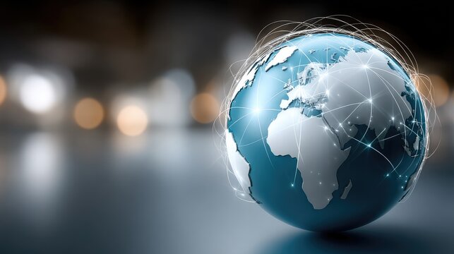 A 3D globe illustrates global connections with lines and dots of light, symbolizing the digital world and international links - Powered by Adobe