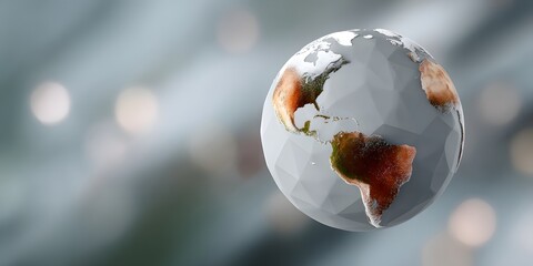 Abstract geometric globe floating in the air. Digital world map with glowing details and bokeh background. Global network and technology concept