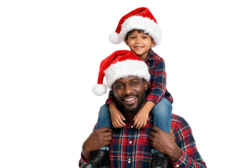 Happy African American Father with Son on Shoulders Wearing Santa Hats