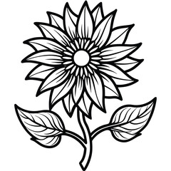 Black and white outline illustration of a single sunflower plant with detailed petals and stem