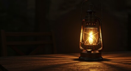 Vintage Lantern Glow in the Dark - A warm, nostalgic symbolizing hope, guidance, adventure, remembrance, and quiet contemplation. The dim setting emphasizes the lantern's comforting light