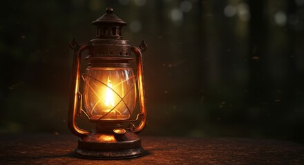 Vintage Lantern Glow in the Woods - A warm, nostalgic symbolizing adventure, hope, guidance, mystery, and the past. A rustic lantern casts a soft glow in a dark forest setting