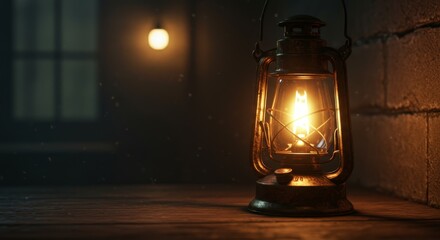 Vintage Lantern Warm Glow in Dim Setting - A rustic oil lantern casts a warm, inviting glow in a dimly lit space, symbolizing nostalgia, hope, guidance, mystery, and resilience.