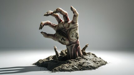 A highly detailed and realistic zombie hand prop is emerging from the ground, its pale, decaying skin and tattered flesh a stark contrast to the pristine white surface.