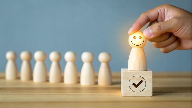Hand placing smiling wooden figure on block with checkmark in row of other wooden figures on table