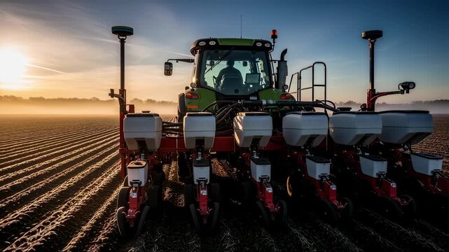 Medium shot of a hightech precision planter with GPS guidance system ensuring accurate seed placement in a neatly plowed field during early morning light.