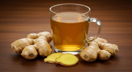 Warm Ginger Tea and Root - A glass mug of steaming ginger tea sits beside fresh ginger root on a wooden surface. Perfect for a cozy autumn or winter beverage