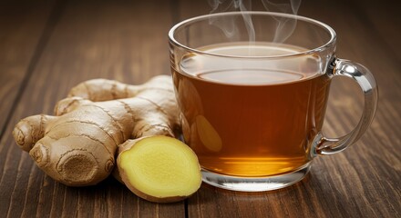 Warm Ginger Tea and Root on Wood - Steaming cup of ginger tea, fresh ginger root, and sliced ginger. Symbolizes warmth, health, natural remedy, comfort, and vitality