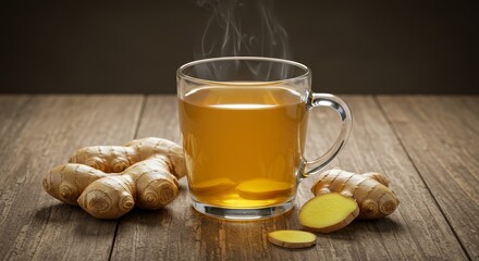 Warm Ginger Tea and Root on Wood - Steaming cup of ginger tea, fresh ginger root, warmth, health, wellbeing. A comforting and healthy beverage