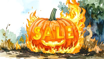 Watercolor illustration of a pumpkin on fire with the word "SALE" carved into it, in a forest scene