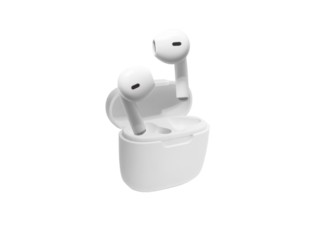 White modern wireless headphones isolated on white background. Copy space