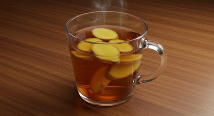 Warm Ginger Tea in Glass Mug - Steaming mug of ginger tea with sliced ginger pieces visible, sitting on a wooden surface. Perfect for autumn or winter