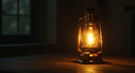 Warm Glow Vintage Lantern - A vintage lantern casts a warm, inviting glow in a dark room, symbolizing hope, nostalgia, adventure, guidance, and warmth