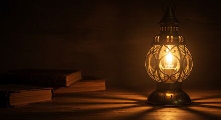 Warm Glow Vintage Lantern and Old Books - A vintage lantern casts a warm glow on old books, symbolizing knowledge, history, wisdom, mystery, and timelessness