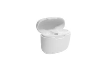 White modern wireless headphones isolated on white background. Copy space