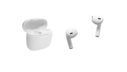 White modern wireless headphones isolated on white background. Copy space