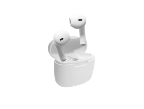 White modern wireless headphones isolated on white background. Copy space