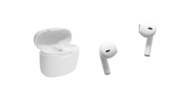 White modern wireless headphones isolated on white background. Copy space