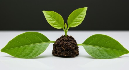 Young Plant Sprout Growth - A small plant seedling with vibrant green leaves emerges from a clump of dark soil, symbolizing new growth and potential