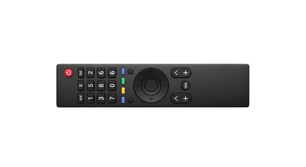A sleek black television remote control, a plain object with no brand logo, isolated on a clean white background with no shadow for easy compositing