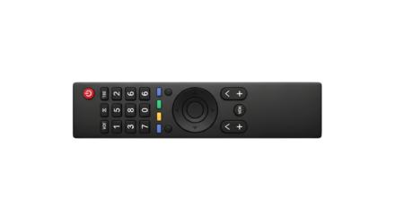 A sleek black television remote control, a plain object with no brand logo, isolated on a clean white background with no shadow for easy compositing