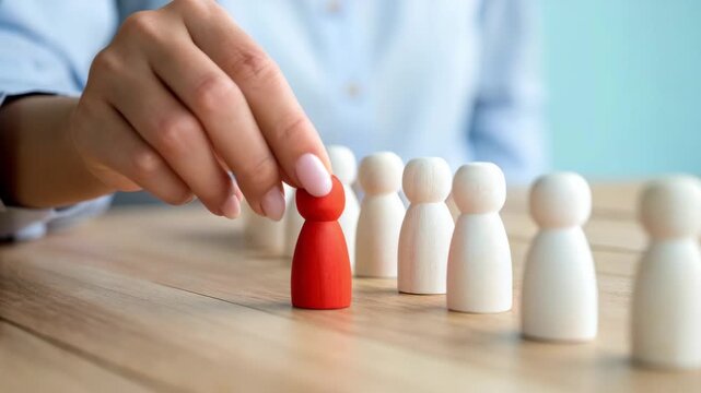 Hand selecting red wooden figure from row of white figures on a wooden table surface in a close up view