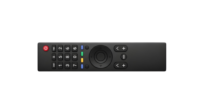 A sleek black television remote control, a plain object with no brand logo, isolated on a clean white background with no shadow for easy compositing