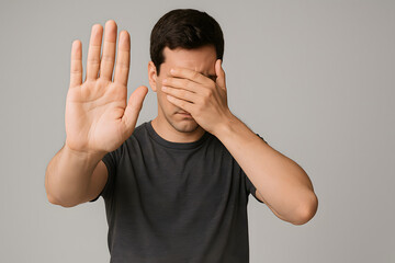 Man covering face with hand showing stop gesture concept of rejection refusal stress denial shyness embarrassment fear anxiety emotion body language psychological expression