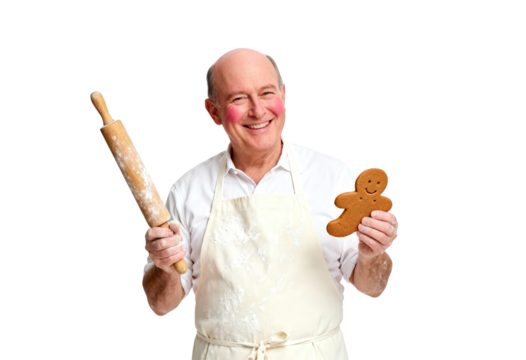 Happy Baker Holding Gingerbread Man and Rolling Pin on White Background