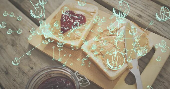 Green nodes appearing around jam and peanut butter forming digital web representing connections