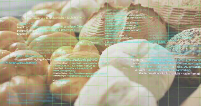 Green grid lines fading in and code snippets scrolling over bread to visualize digital integration