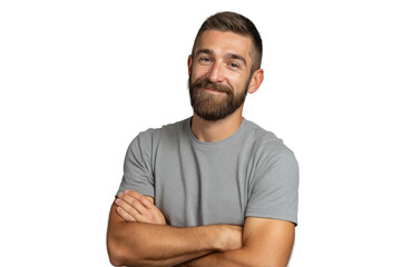 A smiling man with a beard and crossed arms, isolated on transparent background