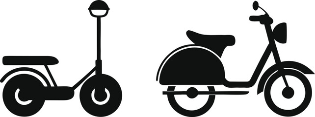 Black silhouettes of electric scooter and vintage scooter