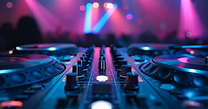 Closeup of a dj music mixer with glowing blue and pink lights, set up for a performance at a nightclub or party 4k video