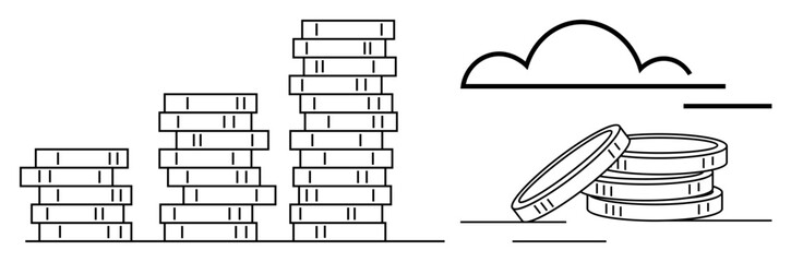 Stacks of coins increasing in height and lying flat nearby with a cloud above, indicating financial growth, investment, planning, wealth accumulation, stability, profitability, achieving goals. A