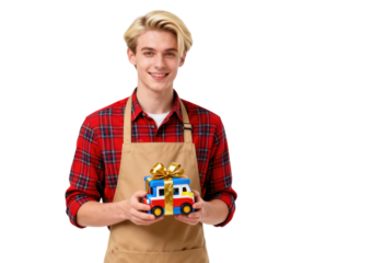 Young Man Holding Toy Bus as Gift
