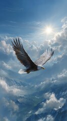 Obraz premium Majestic eagle soars above a breathtaking vista of mountainous terrain, nestled within a swirling expanse of clouds, bathed in the radiant glow of a bright sun.