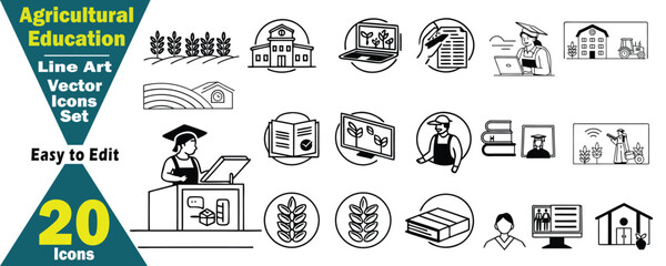 Agricultural Education Line Art Vector Icons Set (2). 20 Icons Easy to Edit agriculture, learning, farming, school, university, college, knowledge, books, illustration. 