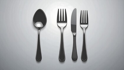 Elegant Black Cutlery Set: Spoon, Forks, and Knife on Grey Background