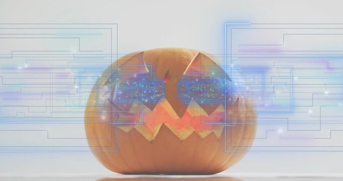 Internal orange glow initiating circuits pulsing glitch lines across pumpkin for tech fusion