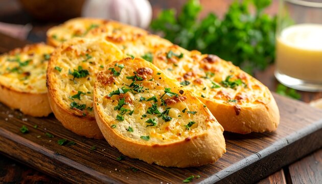 Golden garlic bread slices on a board