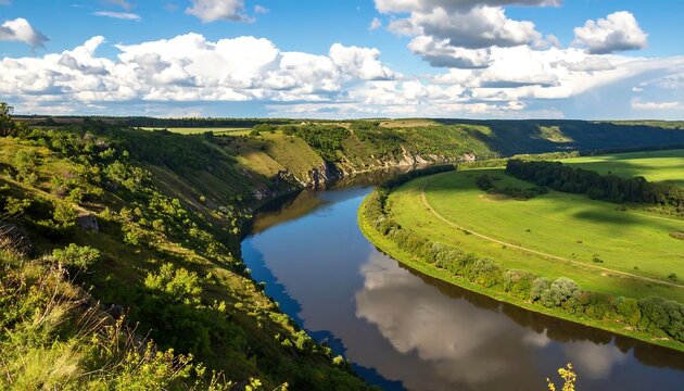 Scenic river meanders through valley of green fields and leafy bluffs under sunny skies