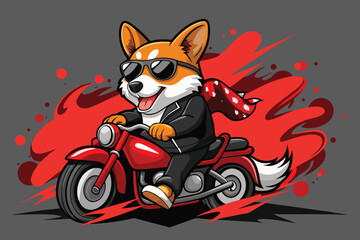 Cartoon Corgi Dog Riding a Motorcycle with Scarf and Sunglasses