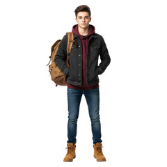 Fototapeta premium Full length portrait of a stylish young man with backpack, ready for an urban adventure on