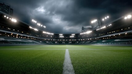Bright stadium lights illuminate a lush green field under dramatic storm clouds, setting the stage for an upcoming sports event